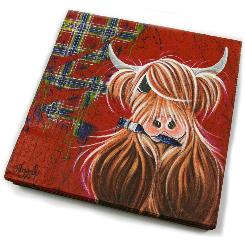 McMoo red tartan Highland Cow paper serviettes/napkins Pack of 20 Scottish Themed (1 supplied)
