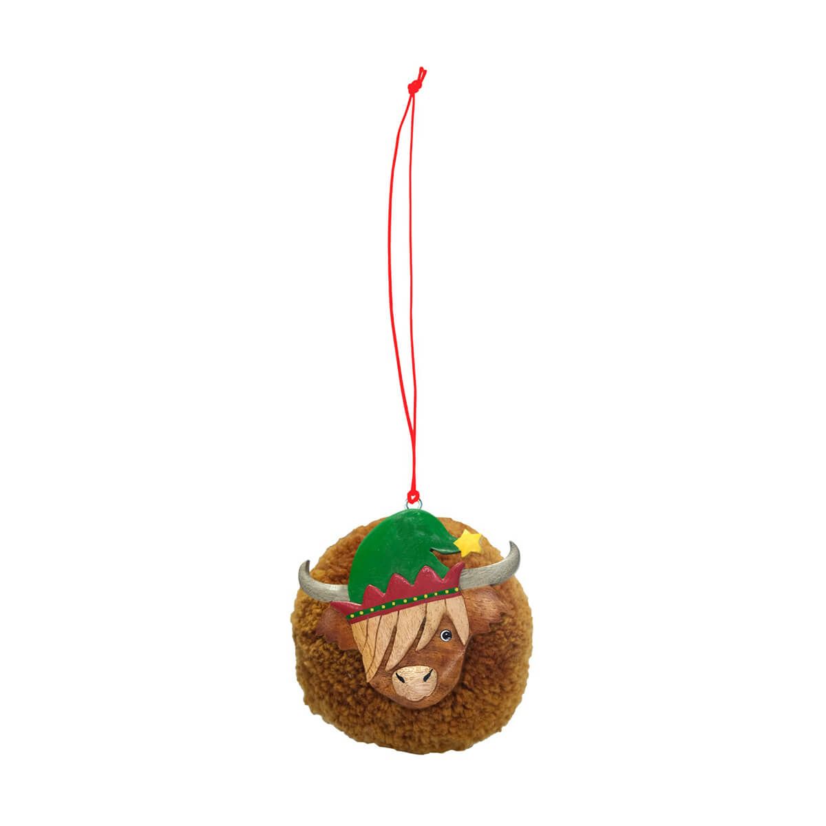 CHRISTMAS BAUBLE - HIGHLAND COW POM POM WITH ELF HAT