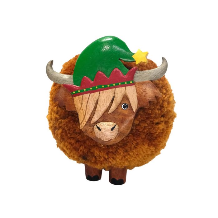 CHRISTMAS HIGHLAND COW SMALL POM POM WITH ELF HAT ORNAMENT