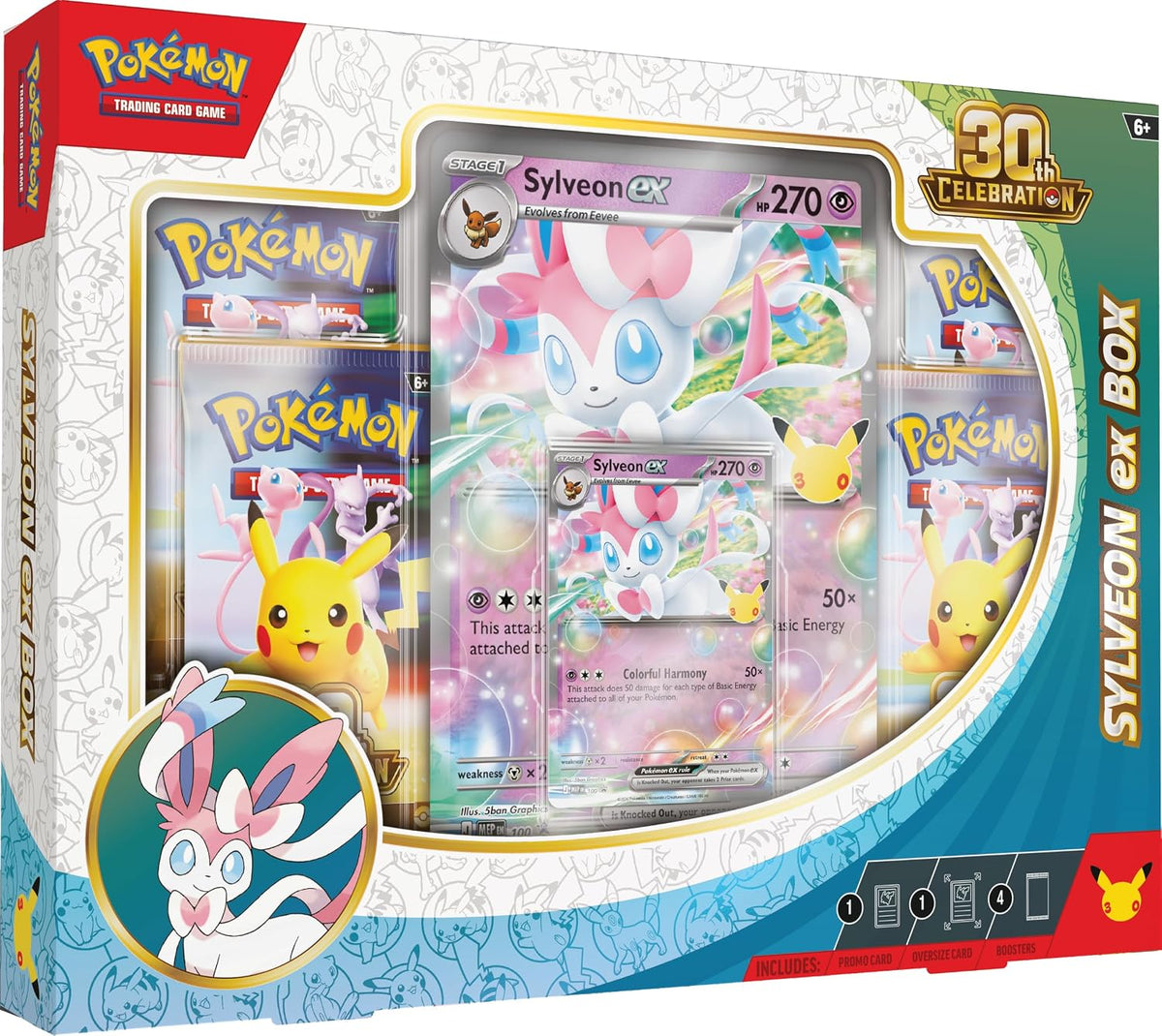 Pokémon TCG: 30th Celebration—Sylveon ex Box (1 Foil Promo Card, 1 Foil Oversize Card & 4 Booster Packs)