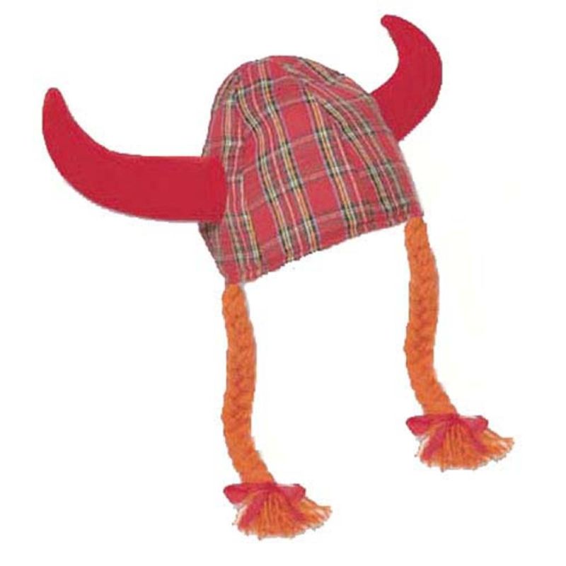 Fun Jessie Hat Red Tartan Viking Horns And Pigtails