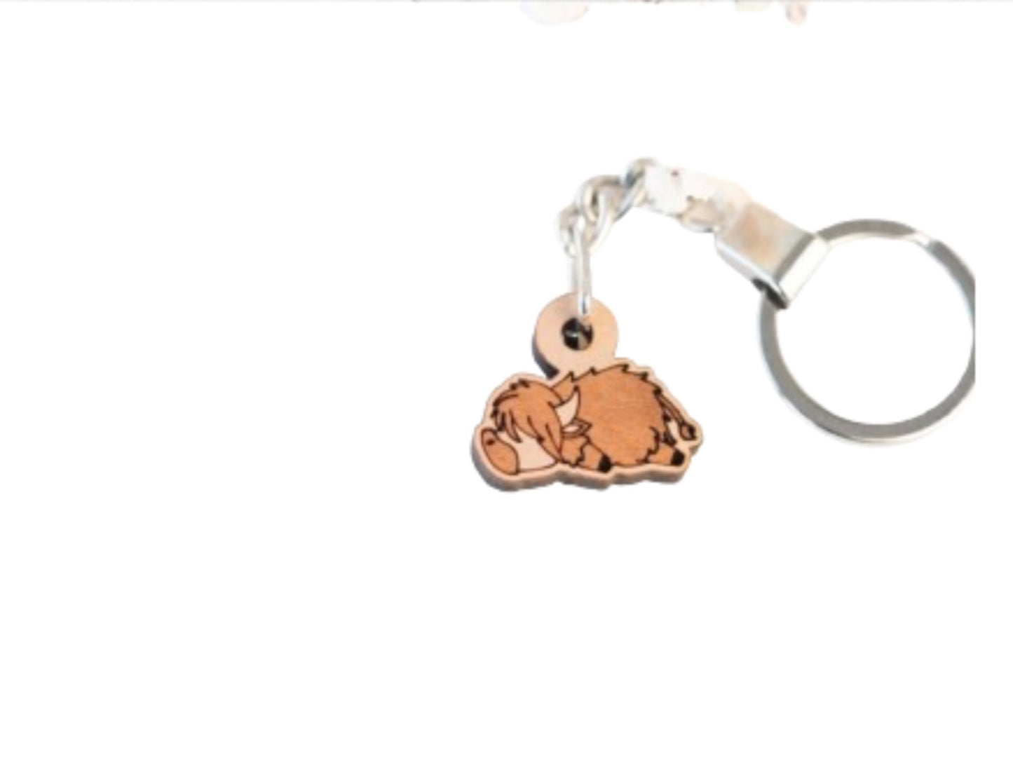 Sleeping Highland Cow Cherry Wood Keyring