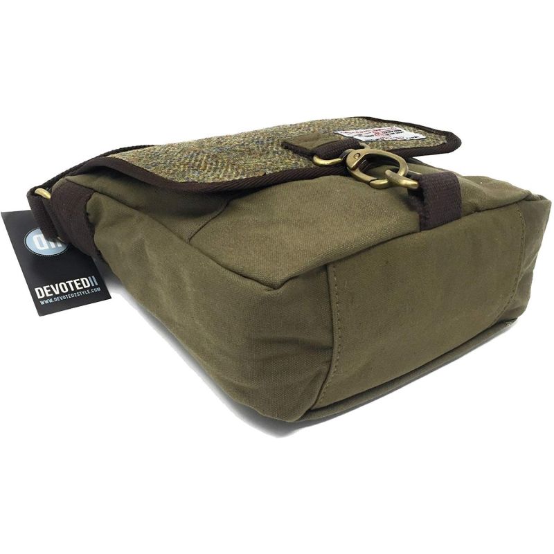 Devoted II Harris Tweed Khaki Green Herringbone Overcheck Small Messenger Bag