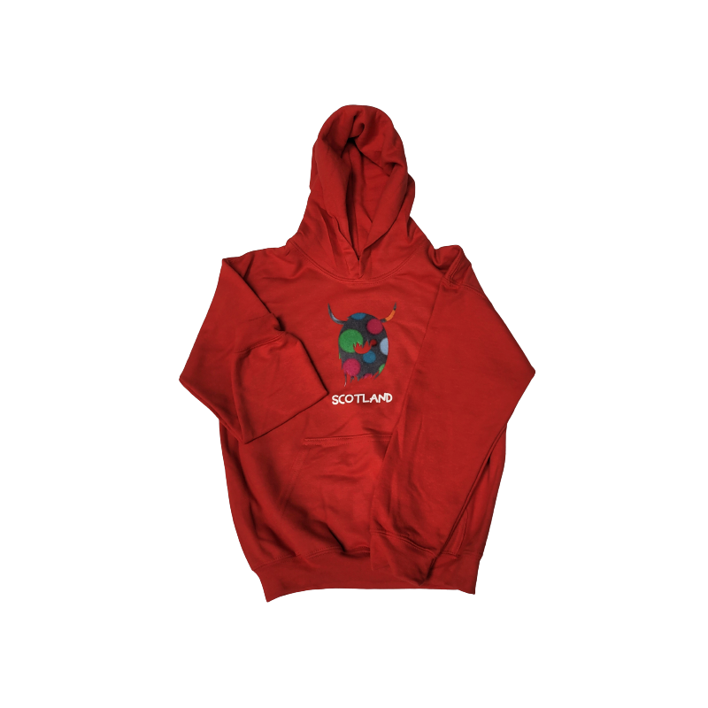 Scottish Childrens Highland Cow Hoodie, Red (Size XS - Age 3-4)
