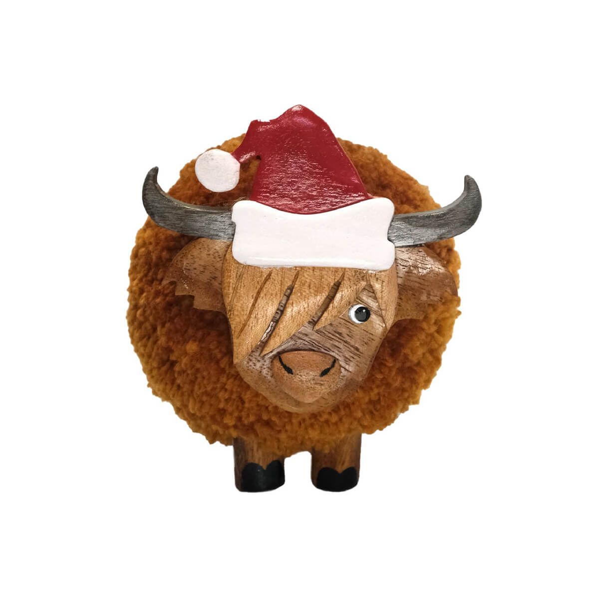 LARGE POM POM CHRISTMAS HIGHLAND COW WITH SANTA HAT ORNAMENT