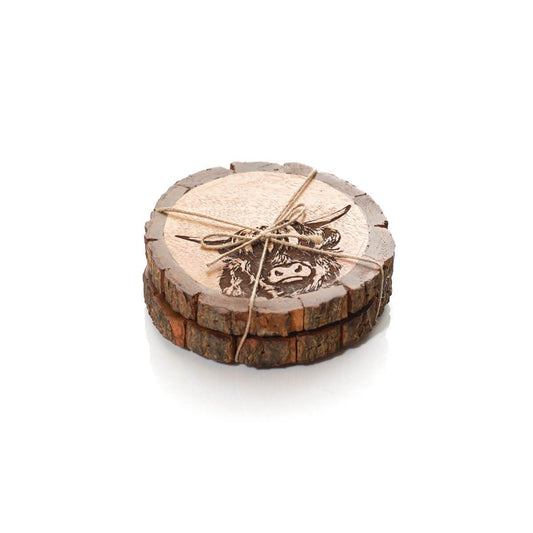 MANGO WOOD ENGRAVED HIGHLAND COW DETAIL SET OF 2 COASTERS WITH BARK EDGE