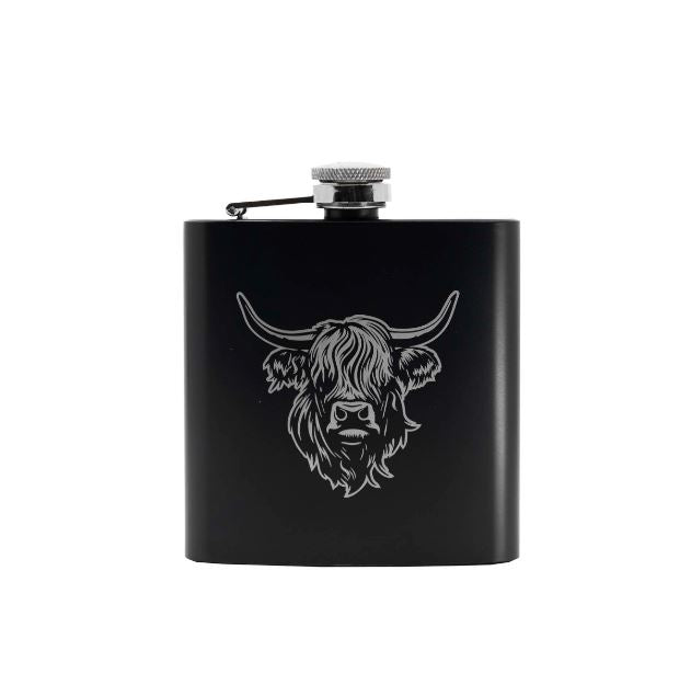 Heilan Coo Laser Print Hip Flask - Black & Silver