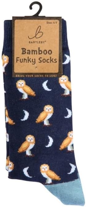 Bamboo Blend Funky Barn Owl Print Crew Socks, Navy Blue and Light Blue, Casual Style, Breathable, Adult Size 4-7