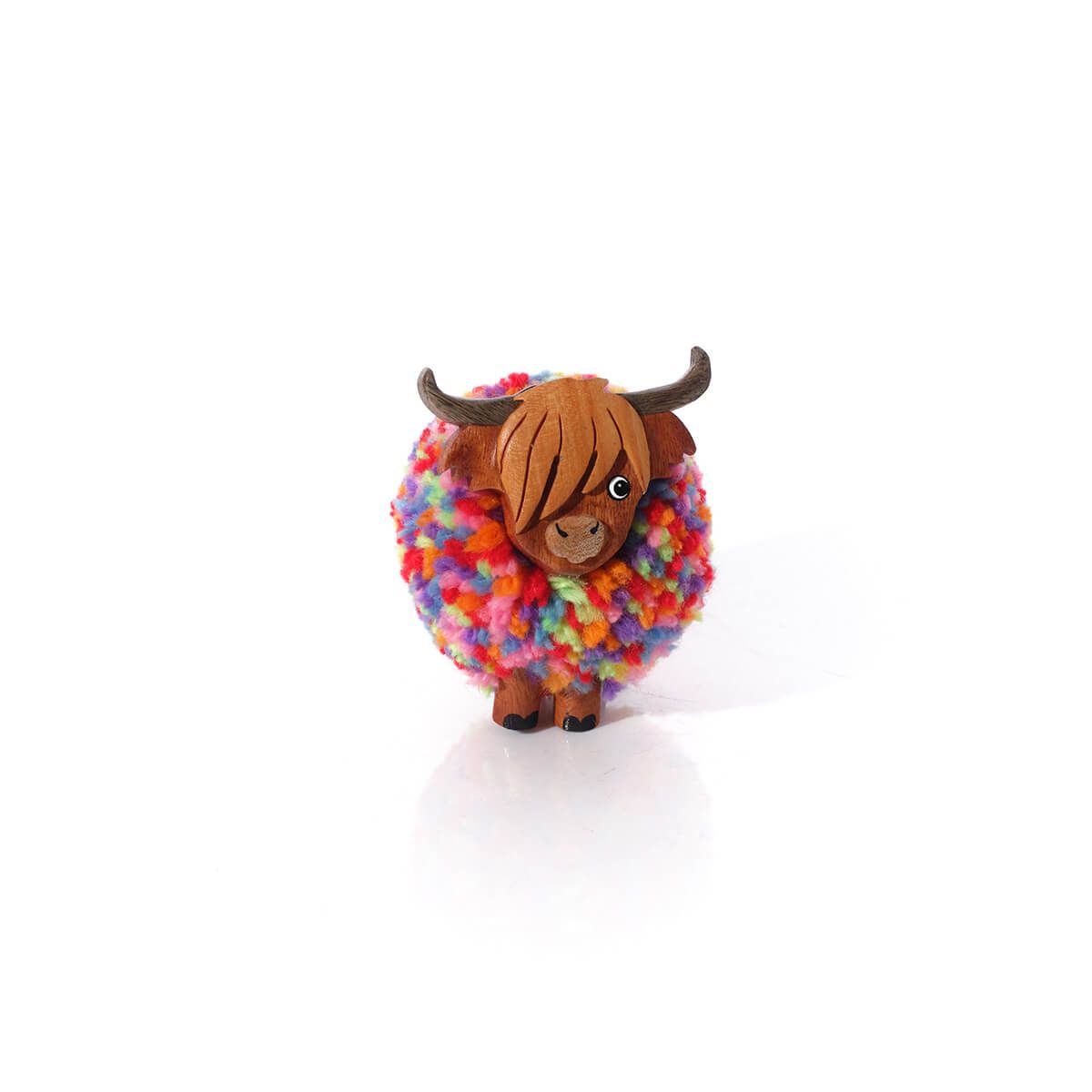 HIGHLAND COO RAINBOW POM POM WOODEN ORNAMENT