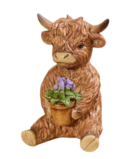 HIGHLAND COW WITH FLOWER IN PLANT POT RESIN ORNAMENT