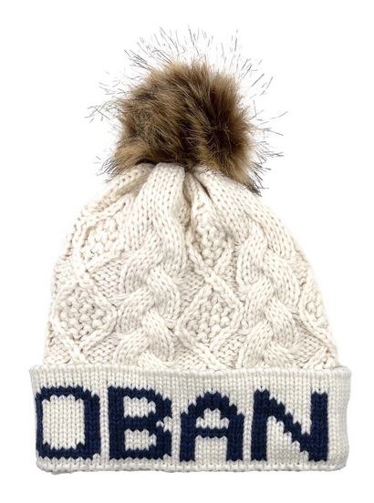 Oban Diamond Cable Text Pom Pom Hat - Cream