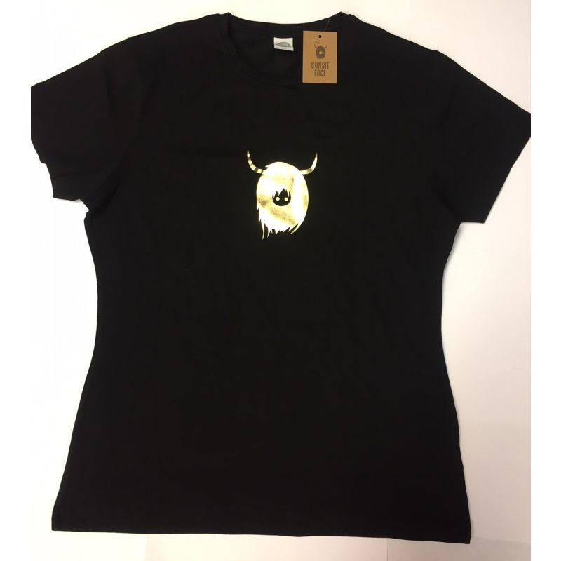 Ladies Black T Shirt Printed Metallic Coo Design - M