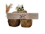 DOUGAL HIGHLAND COW LONG PLAQUE GREY WOOD "WELCOME TO THE FUNNY FARM"