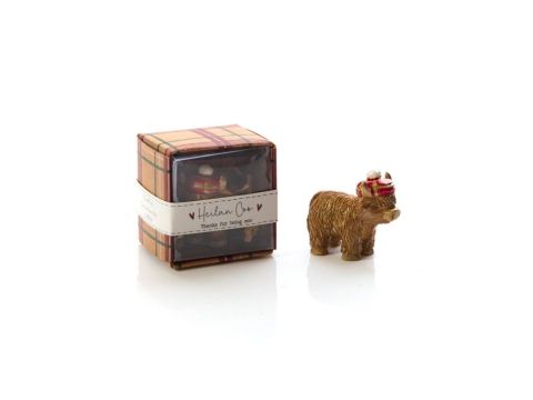HIGHLAND COW RESIN KEEPSAKE ORNAMENT WITH TARTAN GIFT BOX