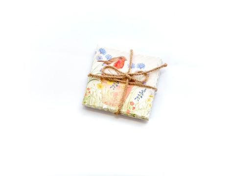 ROBIN ON PLANT POT FLORAL SLATE - SET OF 2 COASTERS
