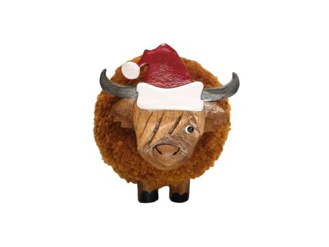 LARGE POM POM CHRISTMAS HIGHLAND COW WITH SANTA HAT ORNAMENT