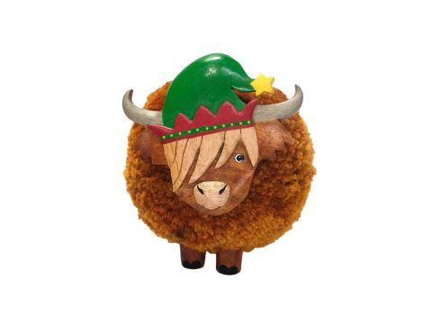 LARGE POM POM CHRISTMAS HIGHLAND COW WITH ELF HAT ORNAMENT