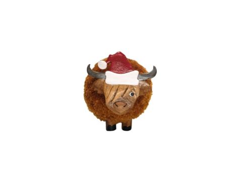 SMALL CHRISTMAS HIGHLAND COW POM POM ORNAMENT WITH SANTA HAT 