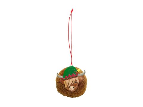  CHRISTMAS BAUBLE - HIGHLAND COW POM POM WITH ELF HAT