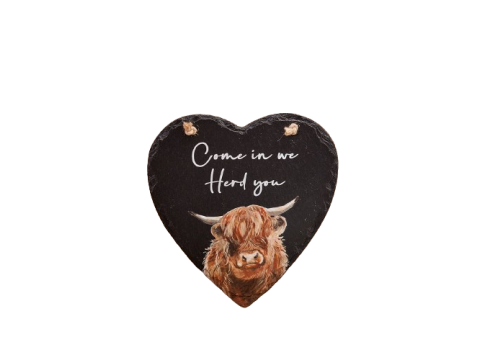 SLATE DOUGAL HIGHLAND COW HEART HANGER WE HERD YOU