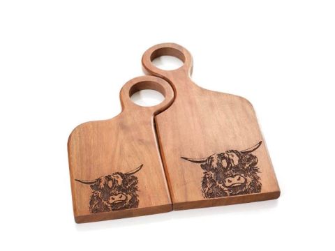 MR AND MRS ACACIA WOOD CHOPPING BOARD PAIR WITH ENGRAVED HIGHLAND COW DETAIL