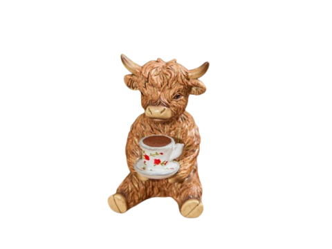 HIGHLAND COW WITH TEACUP RESIN ORNAMENT