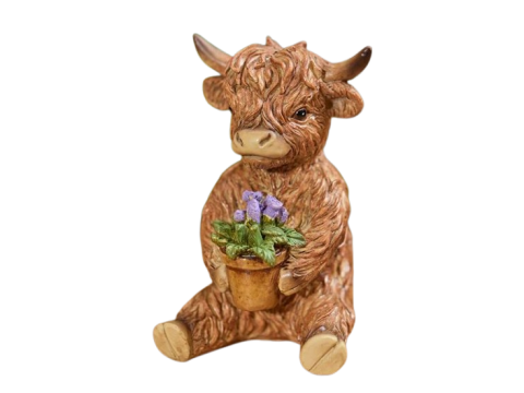 HIGHLAND COW WITH FLOWER IN PLANT POT RESIN ORNAMENT