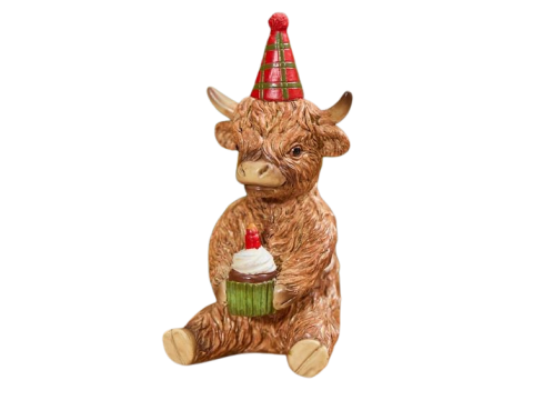 HIGHLAND COW WITH PARTY HAT AND CUP CAKE RESIN ORNAMENT