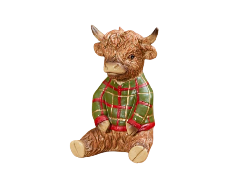 HIGHLAND COW WITH TARTAN JUMPER RESIN ORNAMENT