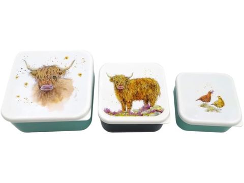 Jan Pashley Highland Coo Cow Set of 3 Lunch Box Snack Storage M/L/XL