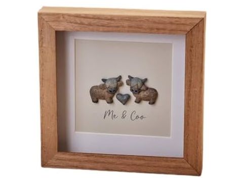 DOUGAL HIGHLAND COW "ME & COO" WOOD FRAMED RESIN PEBBLE PICTURE