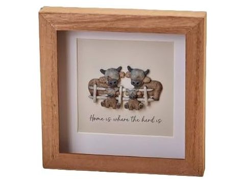 DOUGAL HIGHLAND COW "HOME IS WHERE THE HERD IS" WOOD FRAMED RESIN PEBBLE PICTURE