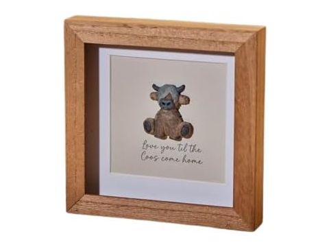 DOUGAL HIGHLAND COW COOS "LOVE YOU TILL THE COOS COME HOME" WOOD FRAMED RESIN PEBBLE PICTURE 