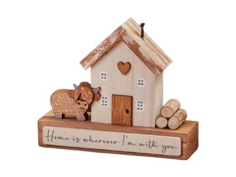 DOUGAL HIGHLAND COW "HOME IS WHEREVER I'M WITH YOU" HOUSE BLOCK NATURAL WOOD