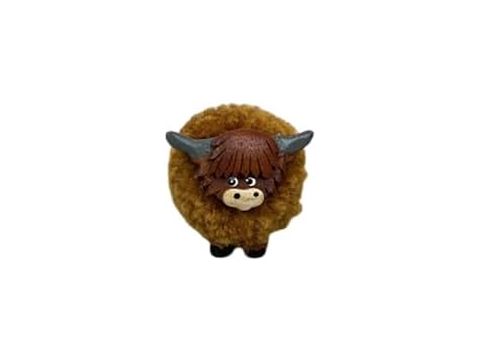 HIGHLAND COW POM POM MAGNET WOODEN WITH BROWN FLEECE