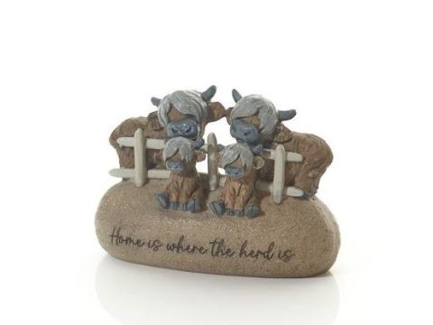 DOUGAL HIGHLAND COW FAMILY "HOME IS WHERE THE HERD IS" ORNAMENT POLYRESIN