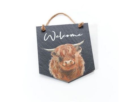 SLATE DOUGAL HIGHLAND COW WELCOME PLAQUE