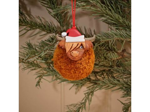 HIGHLAND COW POM POM WITH SANTA HAT CHRISTMAS BAUBLE 