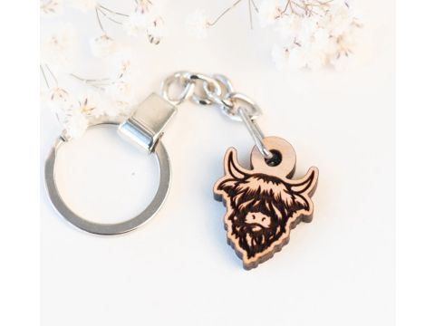 Highland Cow Cherry Wood Keyring