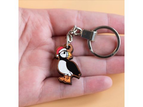 Hand-painted Puffin Bird with Santa Hat Christmas Wooden Keyring