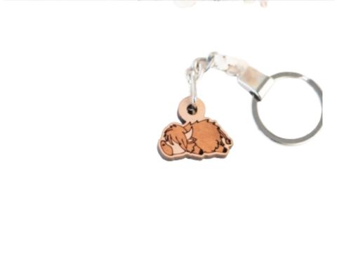 Sleeping Highland Cow Cherry Wood Keyring
