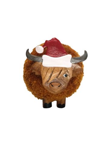 LARGE POM POM CHRISTMAS HIGHLAND COW WITH SANTA HAT ORNAMENT