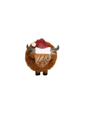 SMALL CHRISTMAS HIGHLAND COW POM POM ORNAMENT WITH SANTA HAT 