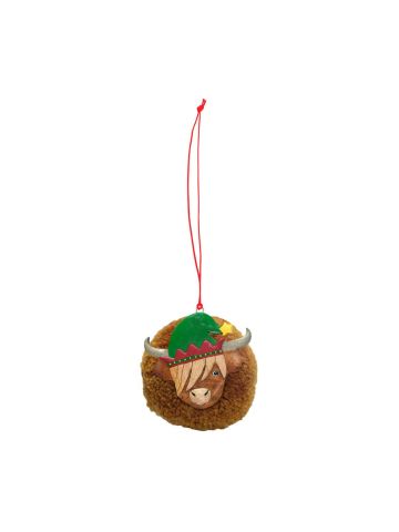  CHRISTMAS BAUBLE - HIGHLAND COW POM POM WITH ELF HAT