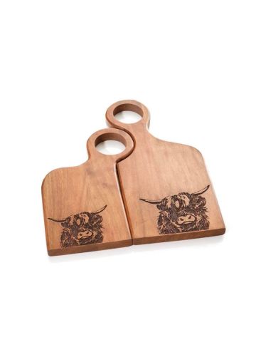 MR AND MRS ACACIA WOOD CHOPPING BOARD PAIR WITH ENGRAVED HIGHLAND COW DETAIL