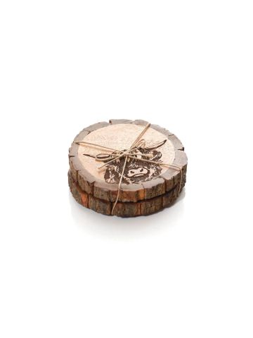 MANGO WOOD ENGRAVED HIGHLAND COW DETAIL SET OF 2 COASTERS WITH BARK EDGE