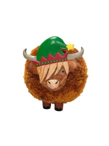 CHRISTMAS HIGHLAND COW SMALL POM POM WITH ELF HAT ORNAMENT