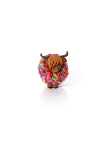 HIGHLAND COO RAINBOW POM POM WOODEN ORNAMENT