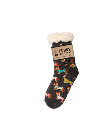 Ladies Sherpa Socks - Trendy Sausage Dogs