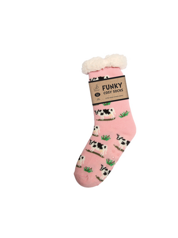 Ladies Sherpa Socks - Black & White Cow